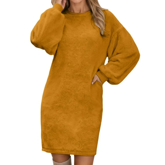 Women's Solid Color Knit Sweater Dress with Pockets Round Neck Long Sleeve Casual Soft Tunic Midi Outfit for Fall Winter Wear