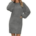 thumbnail image 1 of Women's Solid Color Knit Sweater Dress with Pockets Round Neck Long Sleeve Casual Soft Tunic Midi Outfit for Fall Winter Wear, 1 of 5
