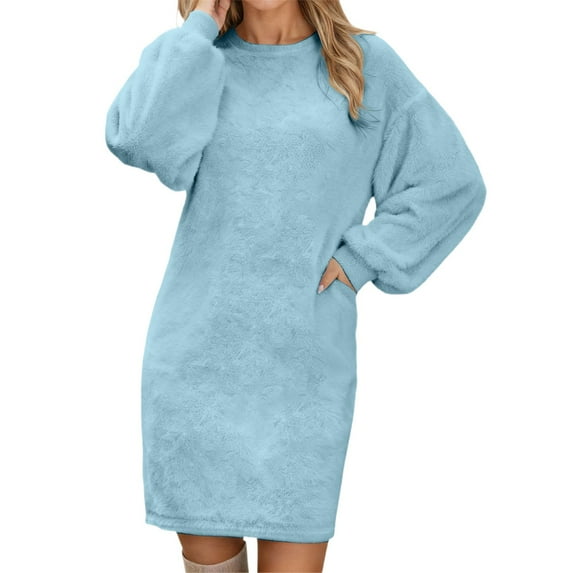 Women's Solid Color Knit Sweater Dress with Pockets Round Neck Long Sleeve Casual Soft Tunic Midi Outfit for Fall Winter Wear