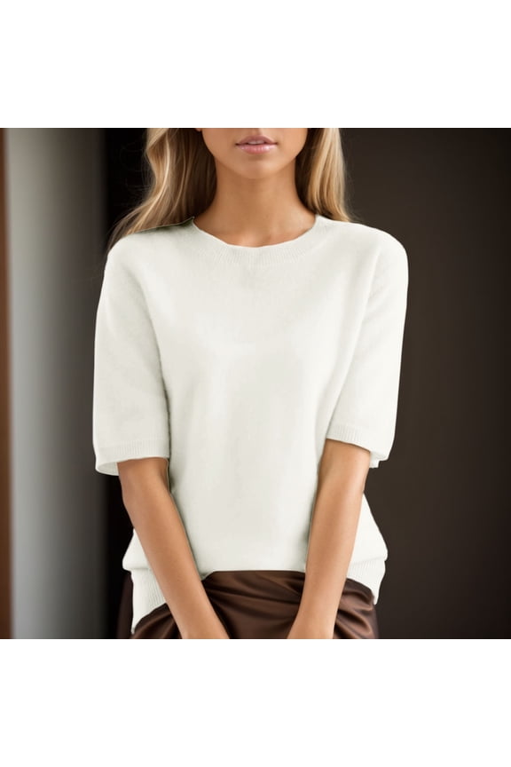 Women's Solid Color Knit Top, Loose Fit Half Sleeve Thin Sweater for Easy Layering, Comfortable Casual Blouse for Daily Wear, Soft and Breathable Fabric Beige L
