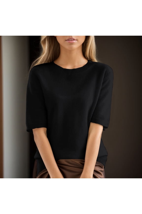 Women's Solid Color Knit Top, Loose Fit Half Sleeve Thin Sweater for Easy Layering, Comfortable Casual Blouse for Daily Wear, Soft and Breathable Fabric Black XXL