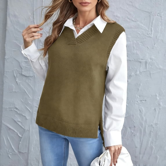 Women's Solid Color Knitted Fashion Vest, Casual V-Neck Base Layer Sweater for Autumn and Winter Outfits,Brown,S