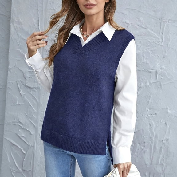 Women's Solid Color Knitted Fashion Vest, Casual V-Neck Base Layer Sweater for Autumn and Winter Outfits,Dark Blue,S