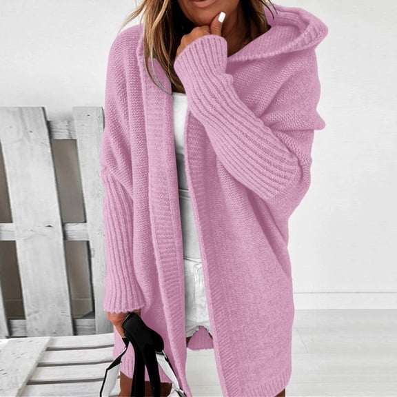 Women's Solid Color Knitted Loose Hooded Sweater Cardigan Jacket Big Soft Sweaters for Women Textu Cardigan Long Sleeve Draped Open Front Cardigan Light Weight Sweater Rib Cage Cardigan Rainbow Knit