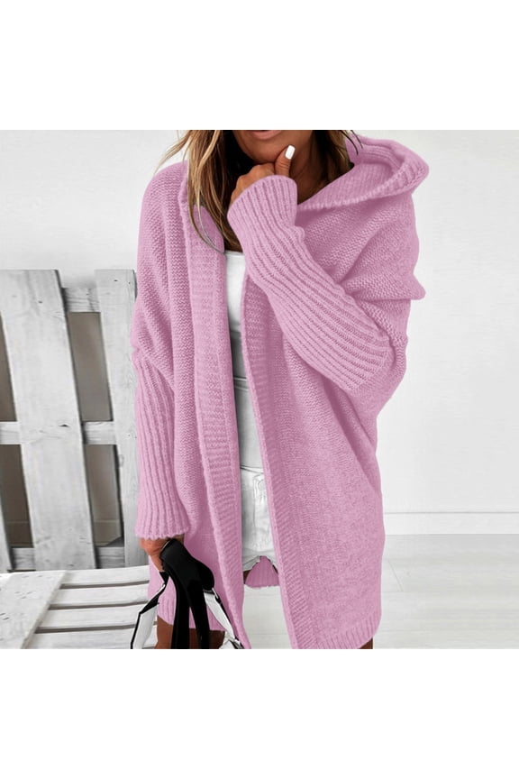 Women's Solid Color Knitted Loose Hooded Sweater Cardigan Jacket Big Soft Sweaters for Women Textu Cardigan Long Sleeve Draped Open Front Cardigan Light Weight Sweater Rib Cage Cardigan Rainbow Knit