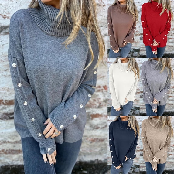 Women's Solid Color Knitted Turtleneck Sweater Tops Blouses S Button Long Sleeve Loose Fit Casual Daily Wear Work Office Vacation Fashion Essential Gift for Women | CSEONE,Dark Gray XL