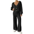 thumbnail image 1 of Women’s Solid Color Knitted V Neck Cardigan and Drawstring Pants Set Long Sleeve Button Down Sweater Jacket with Straight Leg Casual Lounge Pants Matching Ribbed Two Piece Home Outfit, 1 of 7
