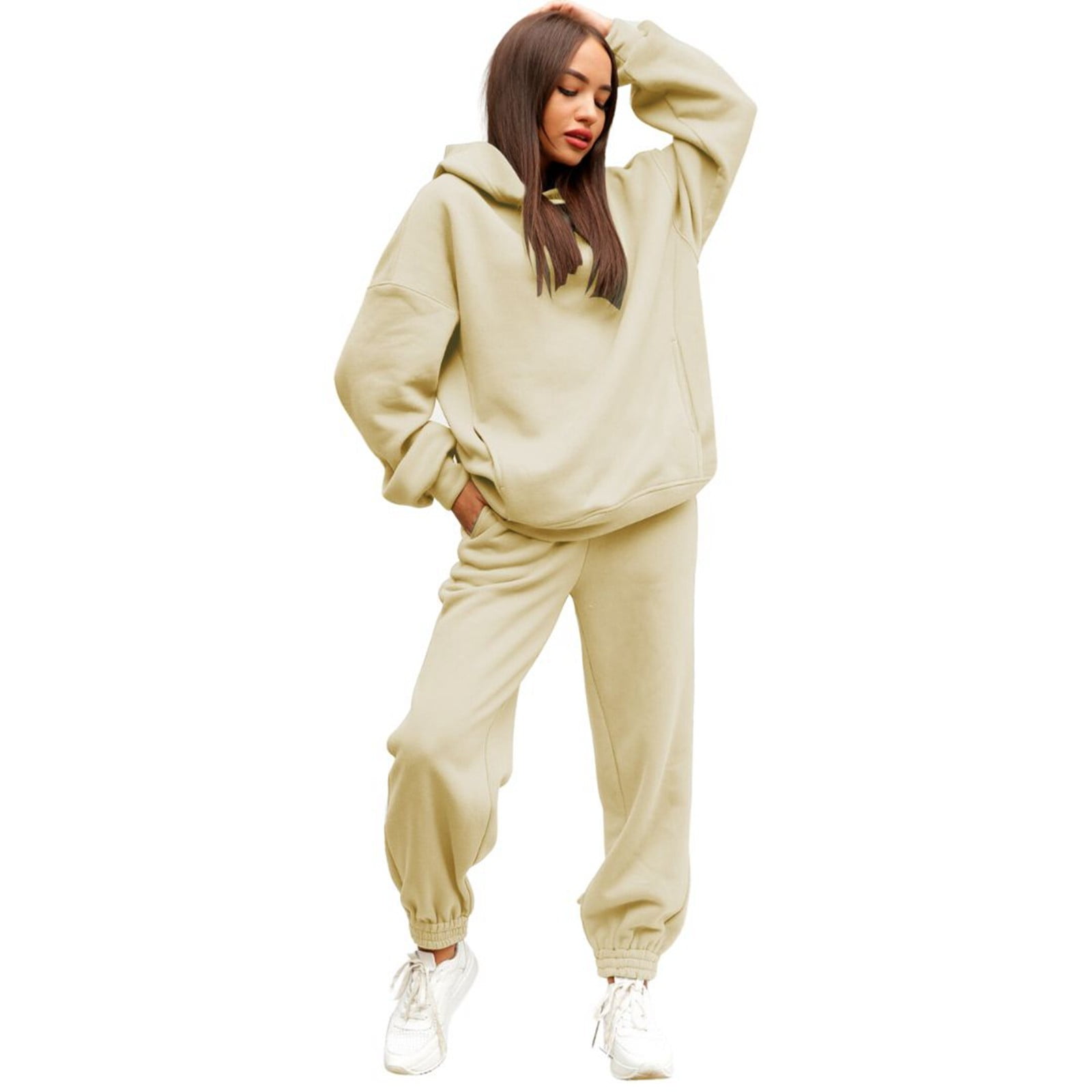 Women s Solid Color Korean Style Fashion Hooded Sweatshirt And Pants Set 2 Piece Outfit Walmart