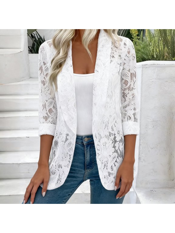 Women's Solid Color Lace Blazer Shirt Jacket for Spring Summer Office