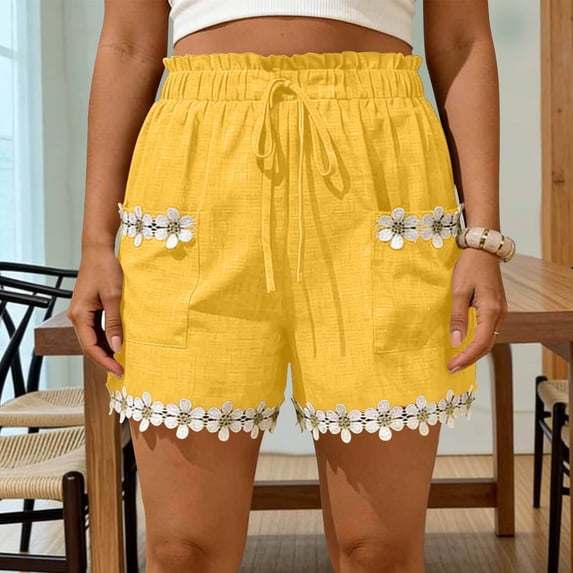 Women's Solid Color Lace Decal Drawstring Elastic Waist Shorts with Pockets