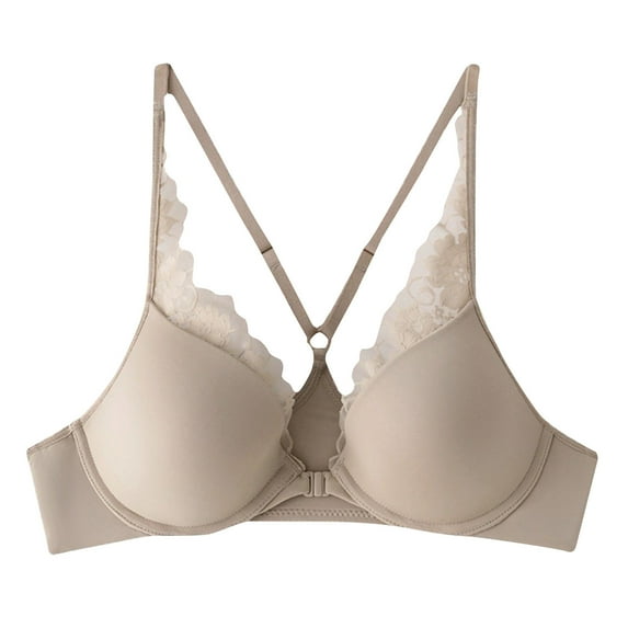 BLTIBY Seamless Front Closure Bras for Women Wireless Solid Color Lace Cross-Back Bra Comfortable No Underwire Everyday Bralettes Beige L
