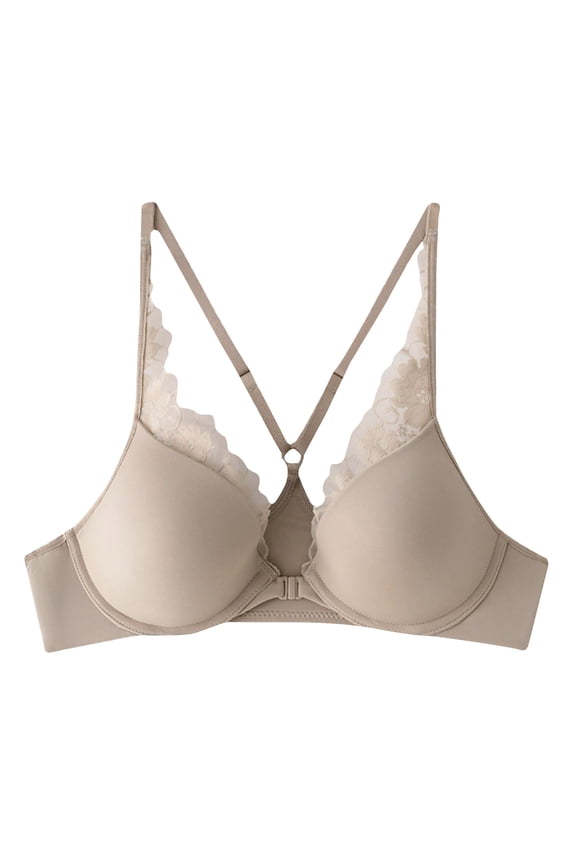 Seamless Front Closure Bras for Women Wireless Solid Color Lace Cross-Back Bra Comfortable No Underwire Everyday Bralettes Beige M