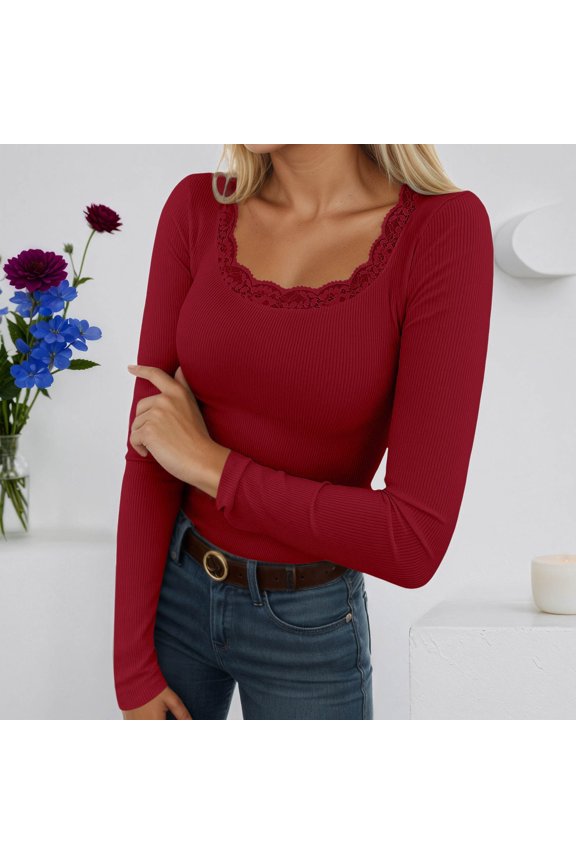 Women's Solid Color Lace Patchwork Comfortable and Casual Square Neck Long Sleeved Knitted Sweater T Shirt,Red,M