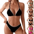 thumbnail image 1 of Women's Solid Color Lace Triangle Bikini Set Halter Adjustable Ties Backless Two-Piece Swimsuit Black XL(XL), 1 of 7