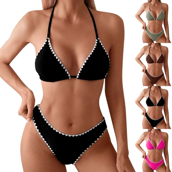 Women's Solid Color Lace Triangle Bikini Set Halter Adjustable Ties Backless Two-Piece Swimsuit Black XL(XL)