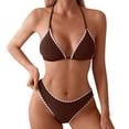 thumbnail image 1 of Women's Solid Color Lace Triangle Bikini Set Halter Adjustable Ties Backless Two-Piece Swimsuit Coffee L(L), 1 of 7