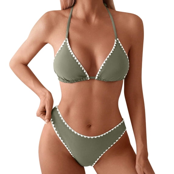 Women's Solid Color Lace Triangle Bikini Set Halter Adjustable Ties Backless Two-Piece Swimsuit Green XL(XL)