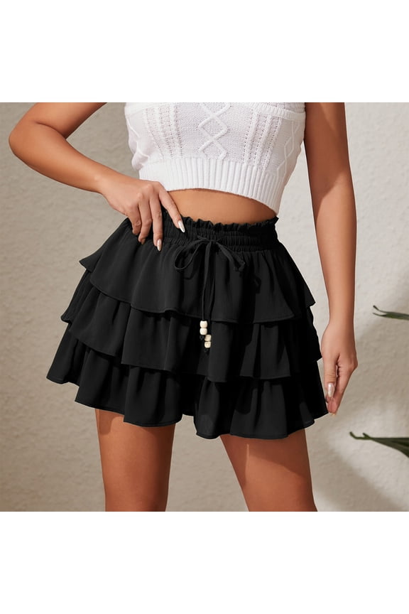 Women's Solid Color Lace-Trim Elastic Waist Three-Layer Skirt Pants for Casual Spring and Summer Wear