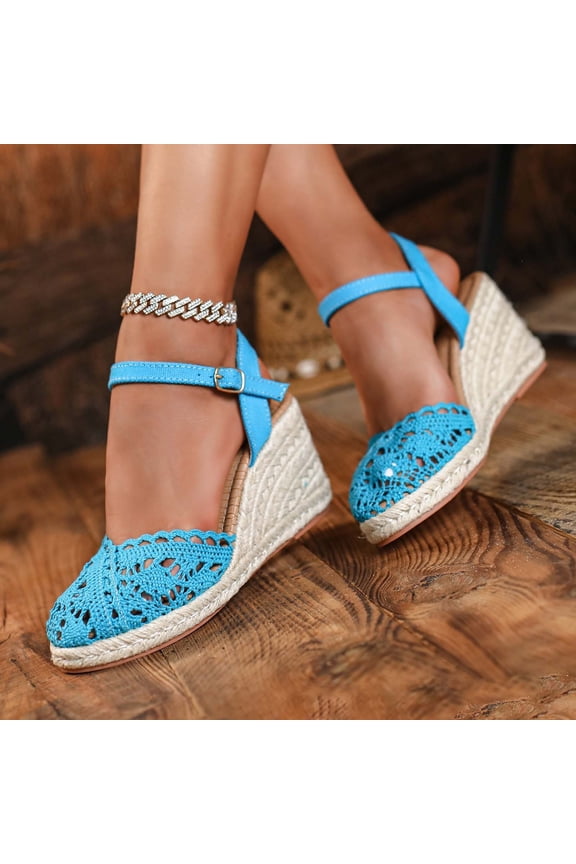 Women's Solid Color Lace-Up Closed-Toe Wedge Heel Woven Espadrille Sandals Soft, Comfortable, Non-, Breathable, Lightweight Casual Summer Dress Shoes Sky Blue 37