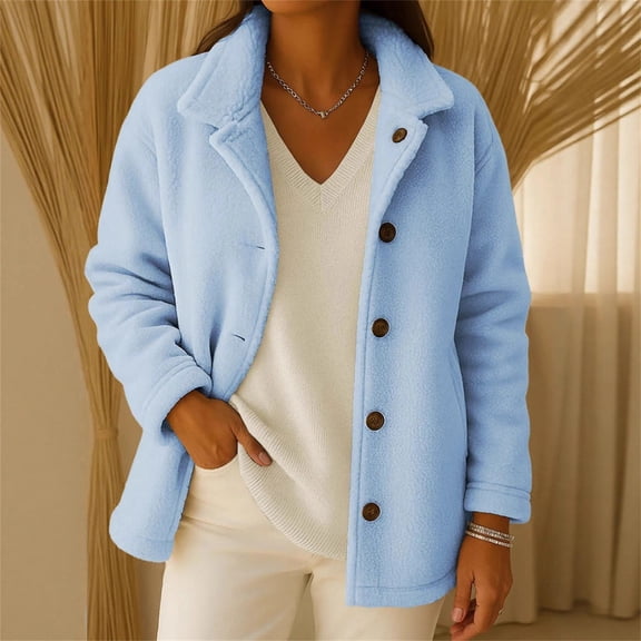 Women's Solid Color Lapel Collar Button Cardigan, Long Sleeve Tweed Style Coat, Soft Warm Open Front Jacket, Classic Casual Outerwear, Versatile Seasonal Layer With Pockets Sky Blue XXXL