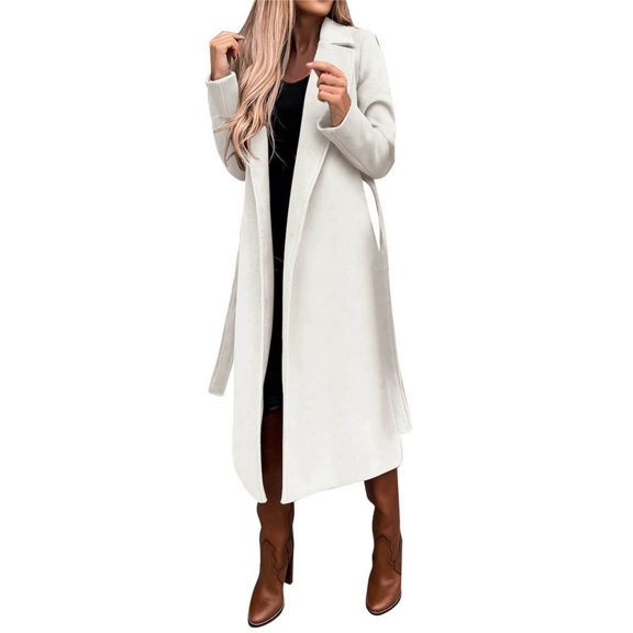 Women's Solid Color Lapel Long-Sleeved Woolen Coat Autumn and Winter Simple Warm Placket Lace-Up Coat Cream White M