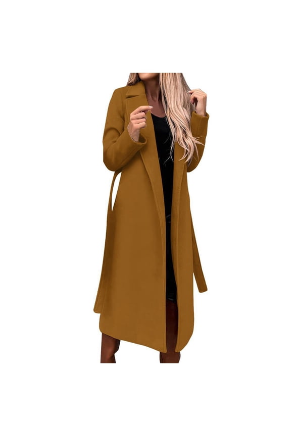 Women's Solid Color Lapel Long-Sleeved Woolen Coat Autumn and Winter Simple Warm Placket Lace-Up Coat Khaki L