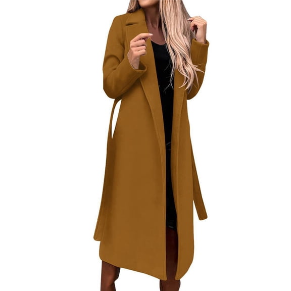 Women's Solid Color Lapel Long-Sleeved Woolen Coat Autumn and Winter Simple Warm Placket Lace-Up Coat Khaki XL