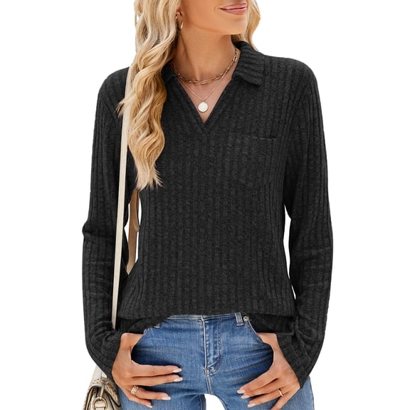 New Women's Solid Color Lapel Pocket Long Sleeve Loose T-Shirt Top
