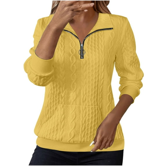 Women's Solid Color Lapel Zipper Sweatshirt, Lightweight Breathable No Hood Pullover Top with Casual Comfort Fit for Four Season Daily Wear, Travel, Home, Vacation and Street Fashion Yellow XXL