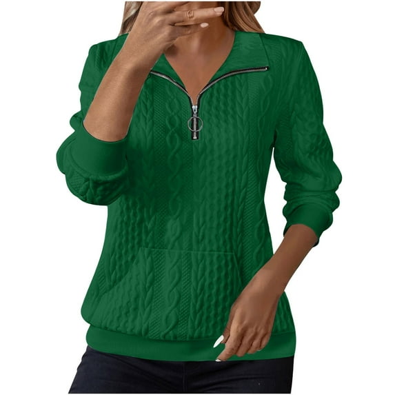 Women's Solid Color Lapel Zipper Sweatshirt, Lightweight Breathable No Hood Pullover Top with Casual Comfort Fit for Four Season Daily Wear, Travel, Home, Vacation and Street Fashion Green S