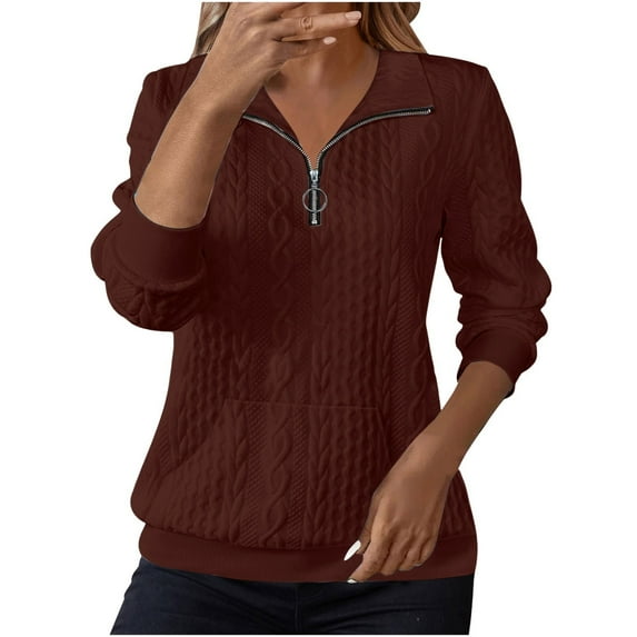 Women's Solid Color Lapel Zipper Sweatshirt, Lightweight Breathable No Hood Pullover Top with Casual Comfort Fit for Four Season Daily Wear, Travel, Home, Vacation and Street Fashion Coffee S