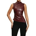 thumbnail image 1 of Women's Solid Color Leather Collarless Asymmetrical Hem Slim Fit Sleeveless Vest Top, 1 of 2