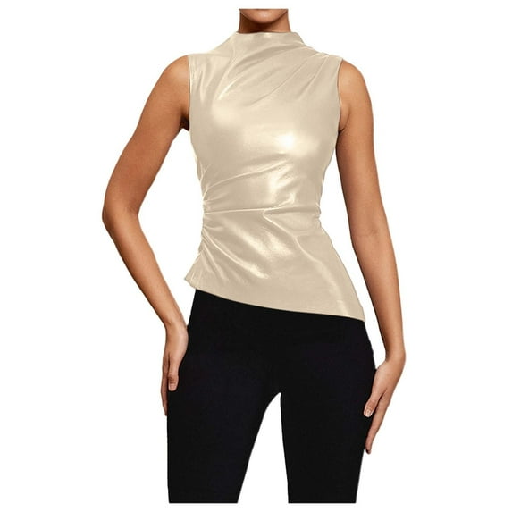Women's Solid Color Leather Peplum Waist Sleeveless Top Asymmetrical Hem Vest