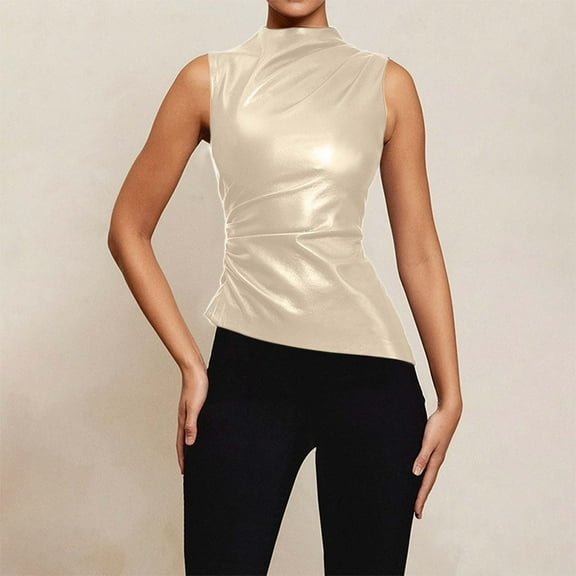 Women's Solid Color Leather Peplum Waist Sleeveless Top Vest – Asymmetrical Design 4 Cropped Tops Long Layering Band Tops for Women Satin Top Beach Saying Tops for Women Sleeveless Tunic Top Women