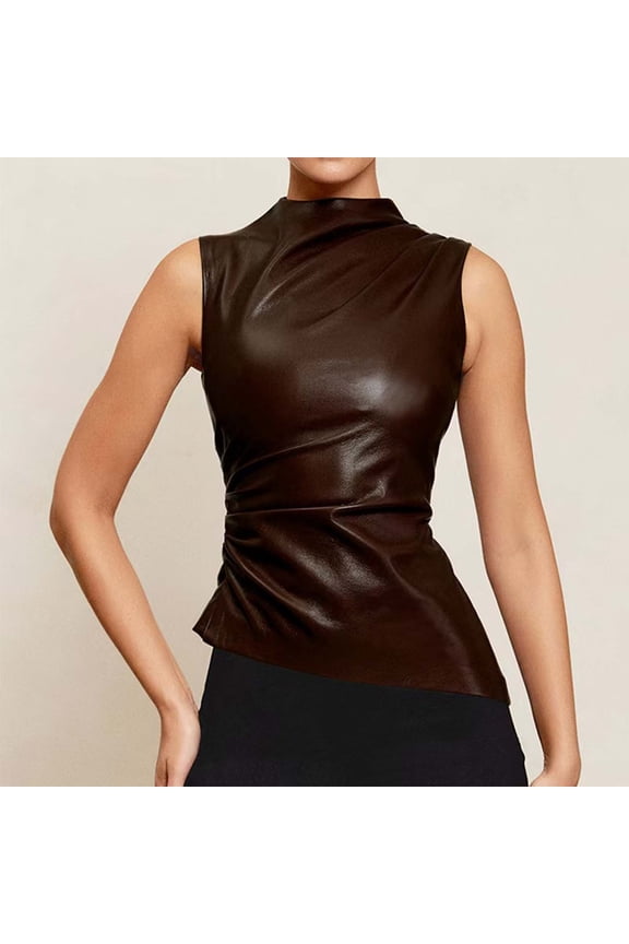 Women's Solid Color Leather Peplum Waist Sleeveless Top Vest – Asymmetrical Design Blouse Bodysuit L