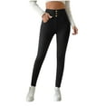 thumbnail image 1 of Women's Solid Color Leggings Casual Fleece-Lined High Waisted Legging Thermal Winter Pants with Pockets Black 2XL, 1 of 7