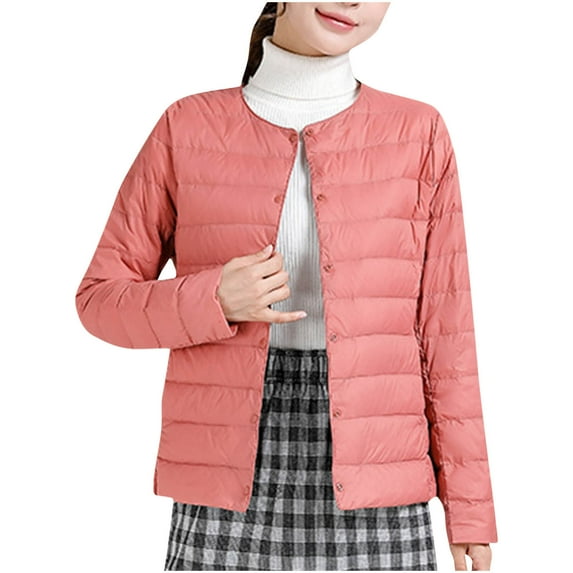 Women's Solid Color Lightweight Down Jacket Round Neck Short Jacket Long Sleeved Cotton Jacket Womens Long Puffer Coat S-178 Watermelon Red-a 4XL