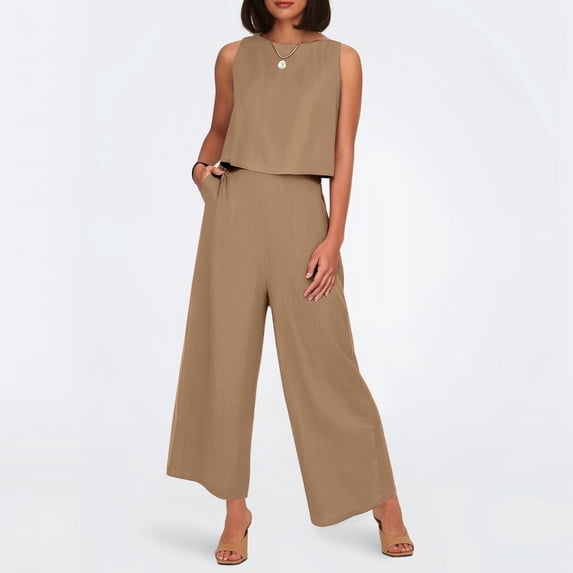 Women's Solid Color Linen 2 Piece Set Sleeveless Crop Top With Buttons And Wide Leg Pants Women Sweat Suits Sequin Suits for Women Petite Pant Suit for Women Straight Leg Dress Pants for Women Pants