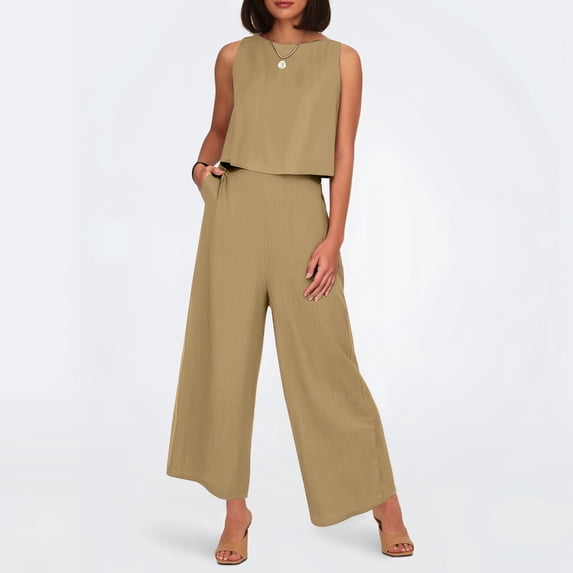 Women's Solid Color Linen 2 Piece Set Sleeveless Crop Top With Buttons And Wide Leg Pants Women Sweat Suits Sequin Suits for Women Petite Pant Suit for Women Straight Leg Dress Pants for Women Pants