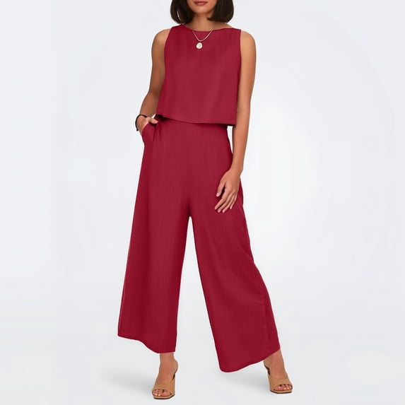 Women's Solid Color Linen 2 Piece Set Sleeveless Crop Top With Buttons And Wide Leg Pants Women Sweat Suits Sequin Suits for Women Petite Pant Suit for Women Straight Leg Dress Pants for Women Pants