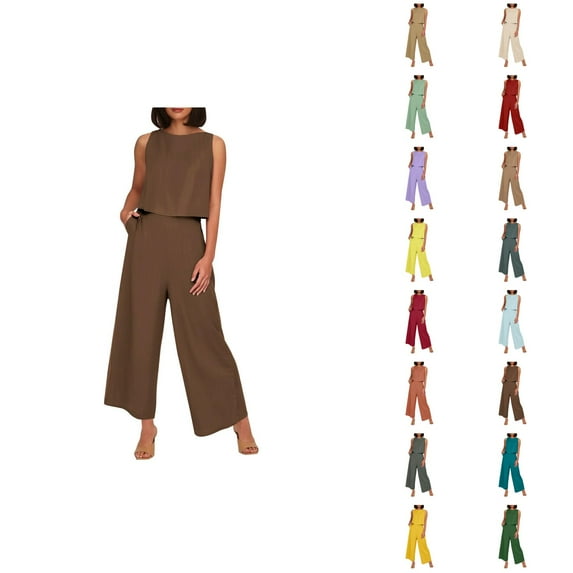 Women's Solid Color Linen 2 Piece Set Sleeveless Crop Top With Buttons And Wide Leg Pants Capri Pants For Women Petite