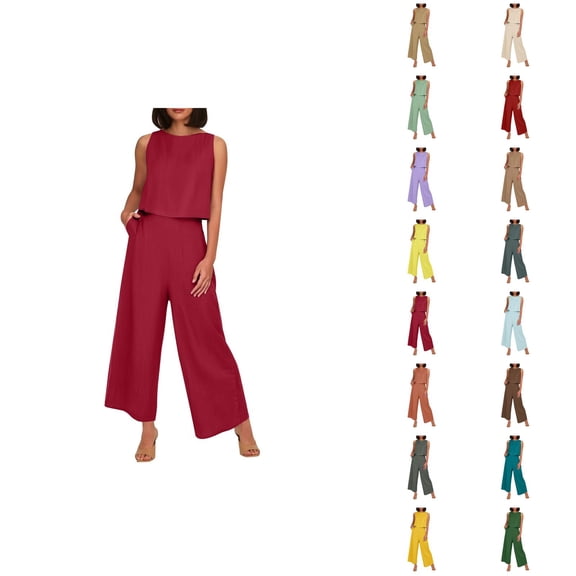 Women's Solid Color Linen 2 Piece Set Sleeveless Crop Top With Buttons And Wide Leg Pants Casual Capris