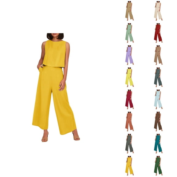 Women's Solid Color Linen 2 Piece Set Sleeveless Crop Top With Buttons And Wide Leg Pants Lightweight Summer Pants Women