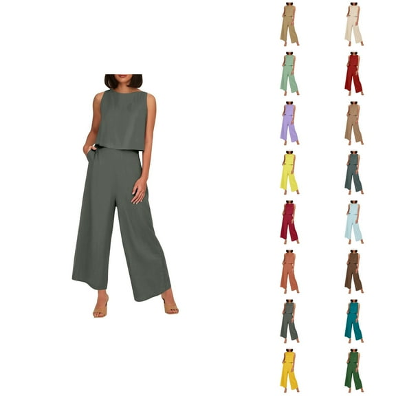 Women's Solid Color Linen 2 Piece Set Sleeveless Crop Top With Buttons And Wide Leg Pants Pantalones Capri De Verano Para Mujer
