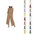 thumbnail image 1 of Women's Solid Color Linen 2 Piece Set Sleeveless Crop Top With Buttons And Wide Leg Pants Womens Pants, 1 of 8