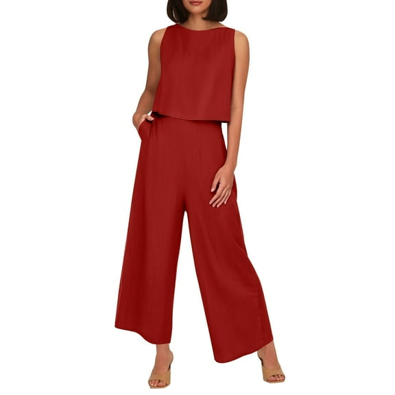 Women's Solid Color Linen 2 Piece Set Sleeveless Crop Top With Buttons And Wide Leg Pants