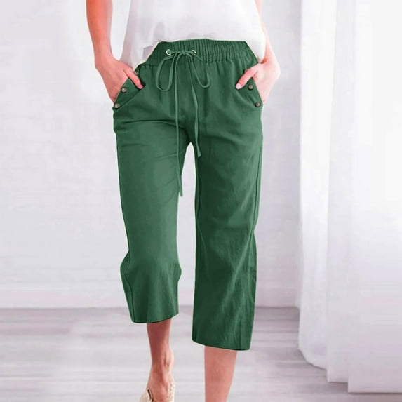 Women's Solid Color Linen Blend 7/8 Pants Loose Fit Casual Trousers With Pockets Casual Dress Pants for Women Short Casual Pants Women Petite Womens Loose Pants Casual Women Pants Casual Cargo Women's