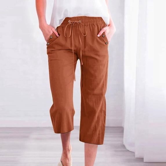 Women's Solid Color Linen Blend 7/8 Pants Loose Fit Casual Trousers With Pockets Casual Dress Pants for Women Short Casual Pants Women Petite Womens Loose Pants Casual Women Pants Casual Cargo Women's
