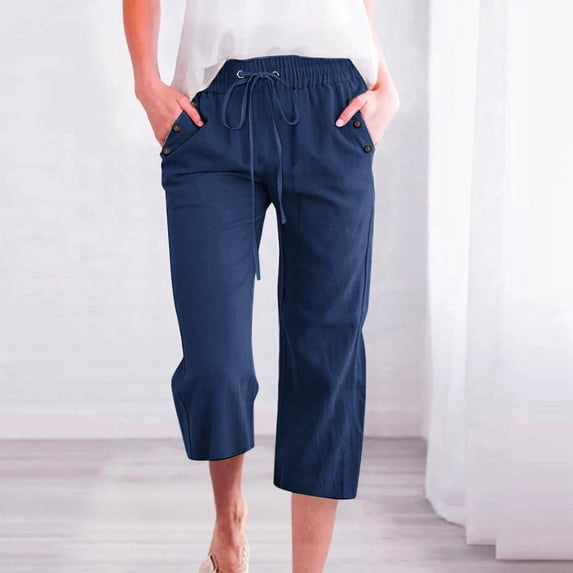 Women's Solid Color Linen Blend 7/8 Pants Loose Fit Casual Trousers With Pockets Casual Dress Pants for Women Short Casual Pants Women Petite Womens Loose Pants Casual Women Pants Casual Cargo Women's
