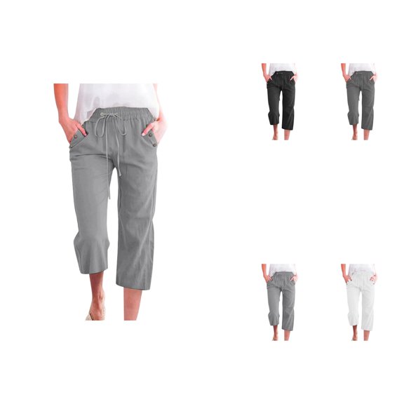 Women's Solid Color Linen Blend 7/8 Pants, Loose Fit Casual Trousers with Pockets, Cotton Linen Palazzo Drawstring Elastic Waist Wide Leg Casual Trousers